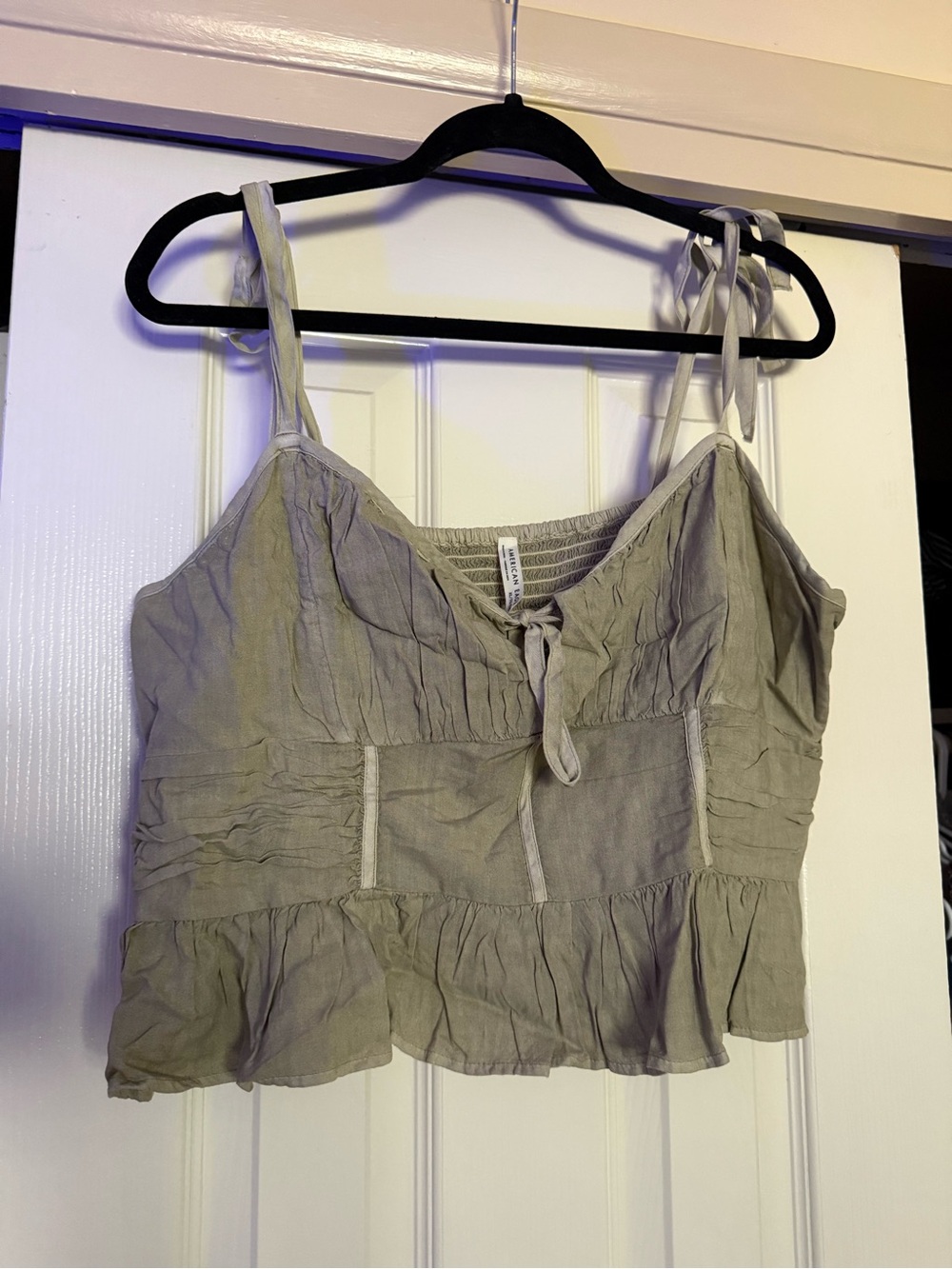 American Eagle Light Green Women's Tie-Front Ruffle Cami Top